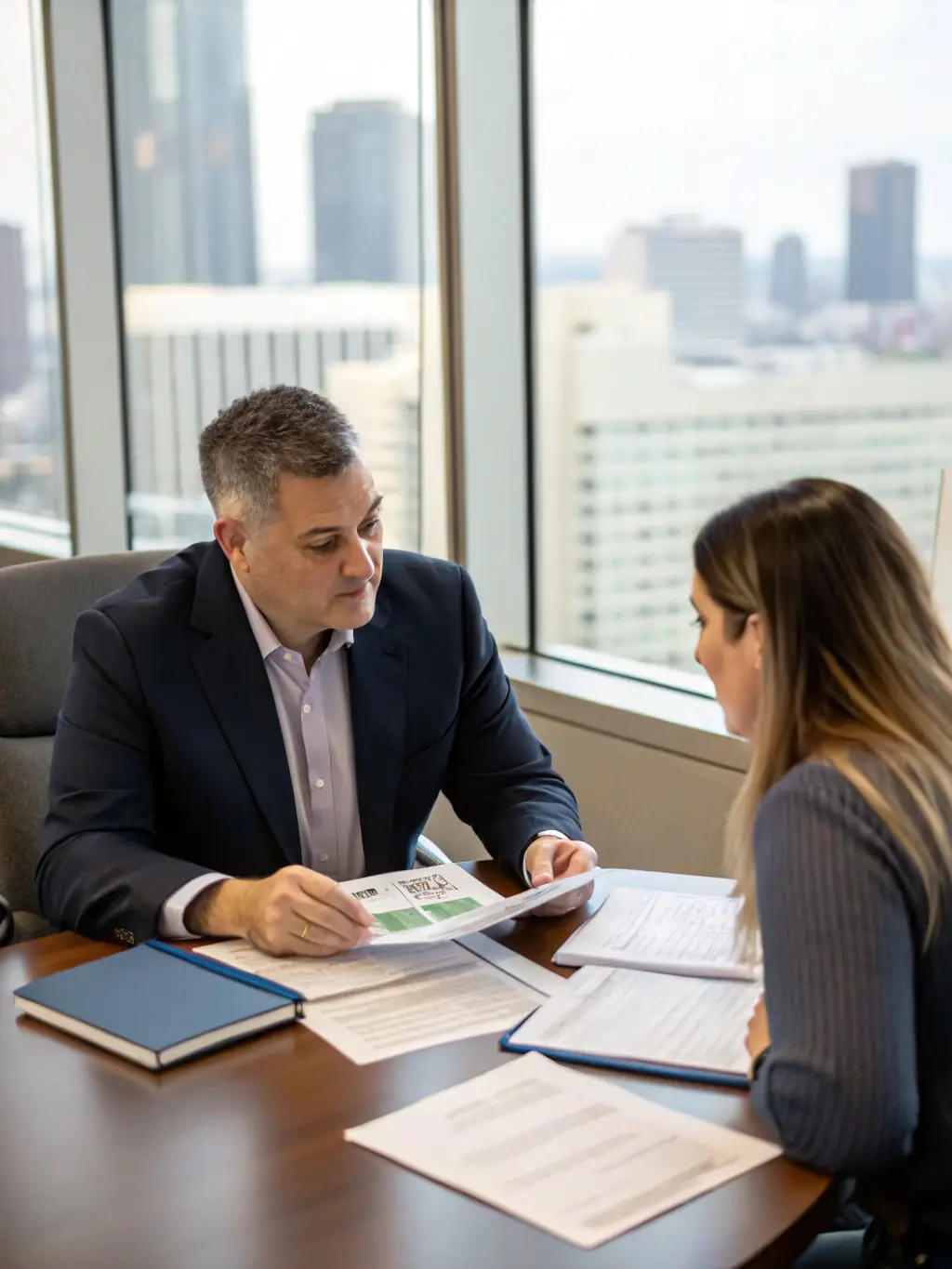 A financial consultant reviewing financial statements with a startup founder, discussing budgeting, fundraising, and financial sustainability strategies.
