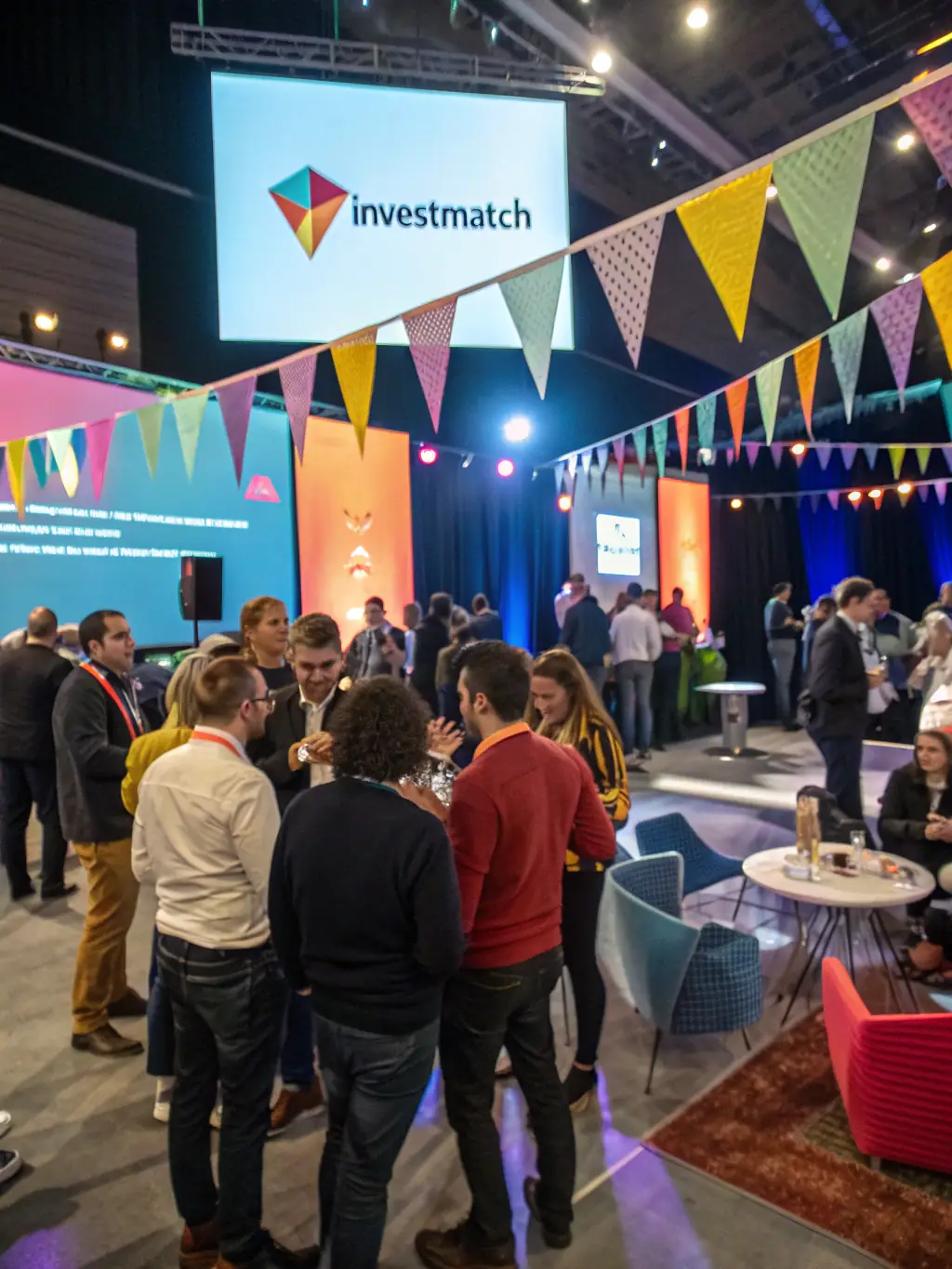 A group of startup founders networking at a DigIAx-organized event, exchanging business cards and discussing potential collaborations.